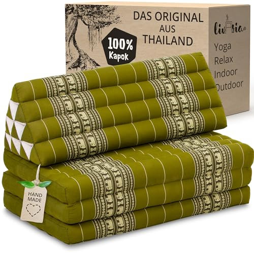 livasia Thai cushion with 3 seat rests for couples - 75x31x3.1″ - XXL, Triangle cushion with folding mattress, Extra wide, kapok, Back support cushion, Thai mat, folding (Green/Elephants)