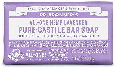 Dr Bronner's Lavender Pure-Castile Bar Soap, Made with Organic Oils With No Synthetic Fragrances Preservatives or Thickeners, For Face, Body & Hair, Fair Trade Certified & Vegan Friendly, 140g Bar