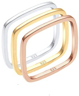 Elli Ring Damen Set Viereck Statement Tri-Color in 925 Sterling Silber