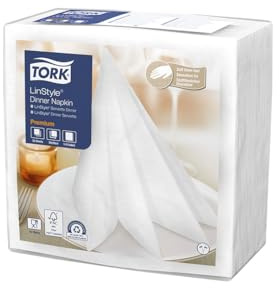 Tork 478711 Premium Linstyle White Dinner Napkin / 1 Ply Absorbent Unprinted Serviette in White / 12 x 50 Sheets (WxL: 19.5cm x 19.5cm)