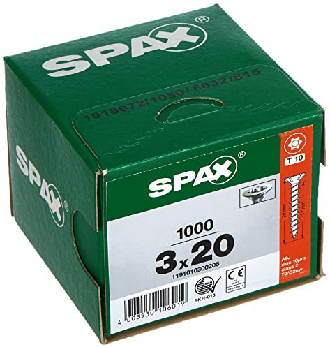 SPAX Vis universelle, 3 x 20 mm, 1000 pièces, Tête centrante, Tête fraisée, T-STAR plus T10, Pointe S, WIROX - 1191010300205