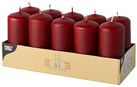 Papstar 10 Stumpenkerzen Ø 40 mm · 90 mm Bordeaux weinrot Blockkerzen, Brenndauer: ca. 9 Stunden
