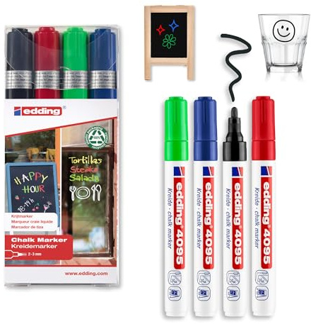 edding 4095 marcador de tiza juego de 4 - surtido - rotuladores de tiza - punta redonda 2-3 mm - rotuladores para cristal borrables - para pizarras, vidrio y espejos - tiza líquida de cobertura opaca