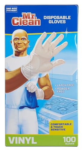 Mr. Clean Vinyl Gloves Disposable Single Use Latex Powder & BPA-Free with Beaded Cuff Construction Touch Sensitivity & Dexterity for Flexible Fit One Size Fits Most, 100-Count