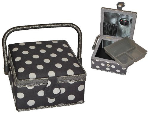 alles-meine.de GmbH 2 TLG. Nähkorb 4 eckig - Punkte weiß grau - Stoff Nähkasten Nähkästchen bunt Handarbeitskorb mit Einsatz gefüllt