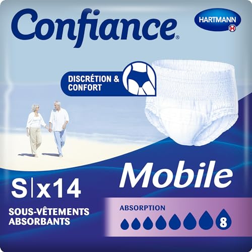 Confiance Mobile - Slips Absorbants pour Hommes et Femmes - Niveau d'Absorption = 8 gouttes (Fuites Urinaires Moyennes) - Discrets et efficaces - pH Neutre à la Peau - Taille S - 14 Unités