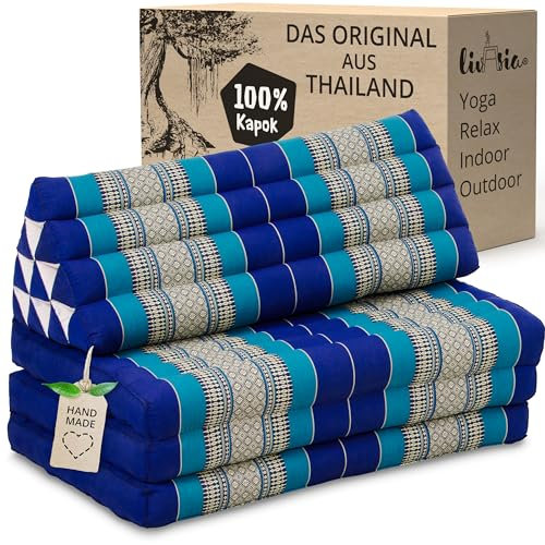 livasia Thaikissen 3 Auflagen für Paare XXL - 190x80x8cm - Dreieckskissen Klappmatratze, extrabreit Kapok, Rückenkissen faltbar, Thaimatte zum Klappen, Meditationskissen (Blau)