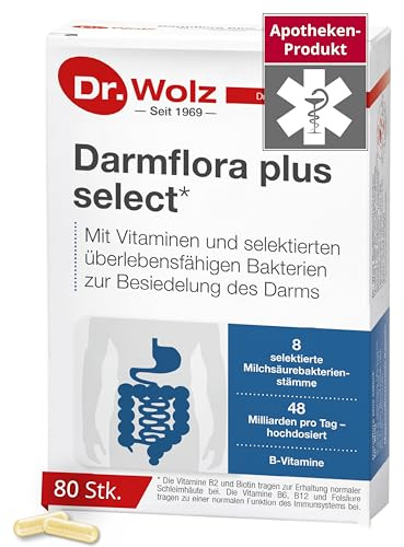 Dr. Wolz Darmflora plus select* - 80 Kapseln hochdosiert - 8 Milchsäurebakterien-Stämme - 48 Mrd Bakterienkulturen pro Tag - Kulturen Komplex für Darmschleimhaut & Immunsystem - Darm-Kur* - vegan