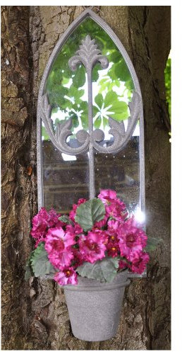 Yoicn Lth Arched Garden Mirror with Hanging Pot, Black Iron Frame, 60L x 21W cm, Wall Mount