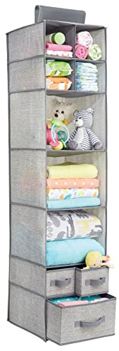 mDesign Fabric Hanging Organizer - Over Closet Rod Storage - 7 Shelves/3 Removable Drawers for Baby Nursery Bedroom Organization - Hold Clothes, Linens, Toys, Accessories - Lido Collection - Gray