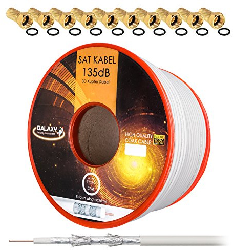 HB-DIGITAL 135dB 25m Koaxial SAT Kabel Reines KU Kupfer Koax Kabel Antennenkabel 5-fach geschirmt für DVB-S / S2 DVB-C und DVB-T BK Anlagen + 10 vergoldete F-Stecker mit Gummiring SET Gratis dazu