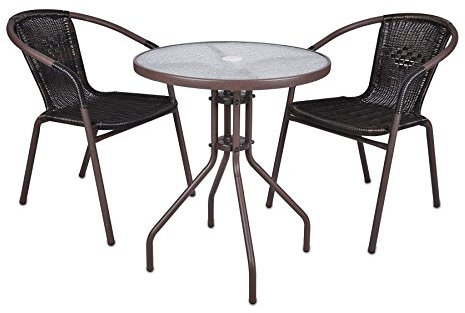 Nexos Bistroset – 1 Glastisch & 2 Stühle – Stahlgestell Poly-Rattan Glasplatte – stapelbar – Farbe: dunkel-braun