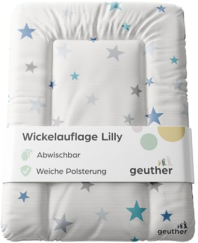Geuther Wickelauflage abwaschbar 52x72 cm | Wickelunterlage Lilly für Wickelregal Clarissa & andere | Sicher dank erhöhtem Rand & Kopfschutz | Wickeltischauflage | Design Sterne Blau-Grau