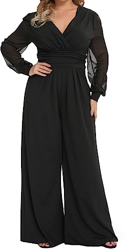 RED DOT BOUTIQUE 701 - Plus Size Mesh Long Sleeve V Wrap Neck Wide Leg Pants One Piece Jumpsuit (Black, 1X)