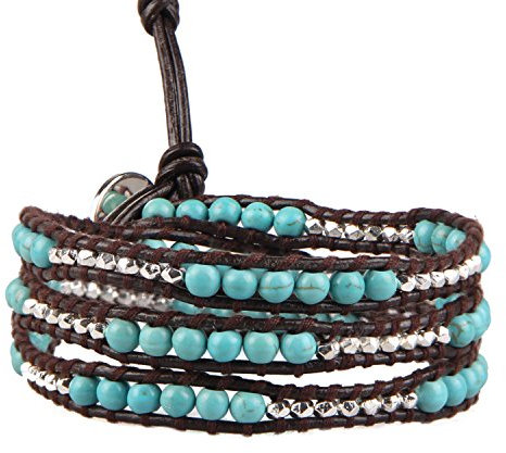 KELITCH 3 Wickelarmbänder für Damen Türkis Armbänder Silber Metall Nugget Cuff Lederarmbänder 063