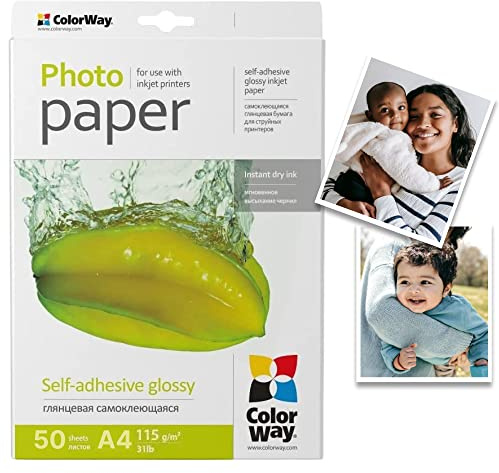 COLORWAY hoch glänzend Fotopapier Selbstklebend 50 Blatt DIN A4 115g/m² Etiketten Sofort Trocken Wasserfest für alle Tintenstrahldrucker InkJet Fotoqualität Druck