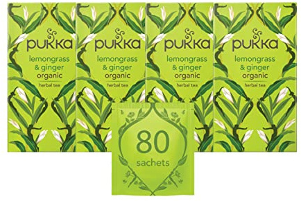 Pukka Herbs | Lemongrass & Ginger Organic Herbal Tea | Lemongrass, Ginger, Lemon Verbena Leaf and Licorice | Perfect For Feeling Strong | 4 Pack | 80 Sachets | For a warming cup, Bright, citrusy blend, spicy depth, Naturally caffeine-free, organically grown