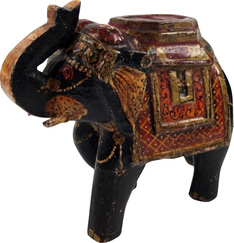 Deko Elefant aus Indien, handbemalter Holzelefant, Kunstwerk, schwarz | Handgefertigte Holzfigur, liebevoll bemalt, ideal für Tisch, Regal oder Fenstersims, einzigartiges Design