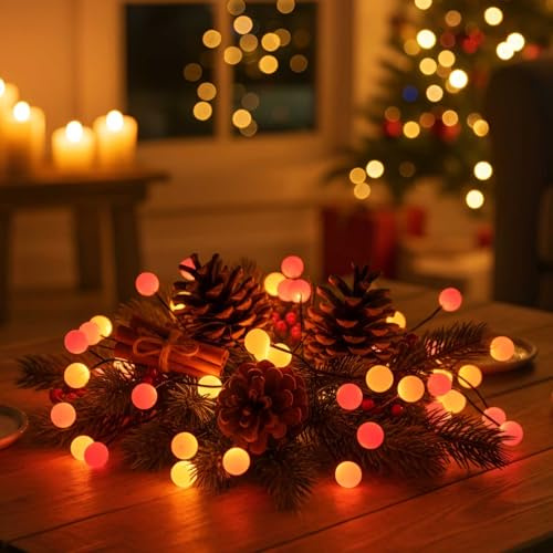 Qbis 40 Berry Cluster Lights - Outdoor/Indoor Christmas Lights with Timer, Battery Powered Fairy String Lights in Red, Orange & Yellow, Autumn and Fireplace Cosy Lighting, Great for Halloween Too!