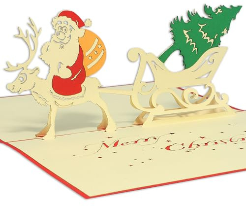 Lin - POP UP Karten Weihnachtskarten, 3D Karte Weihnachtskarten Weihnachtsmann Santa Claus auf Rentier, N411
