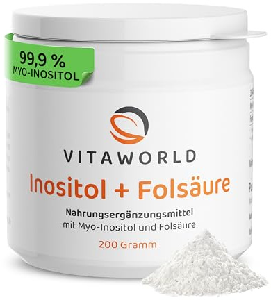 Inositol + Folsäure – 4,8 g Myo-Inositol & 800 µg Folsäure pro Tag (200g veganes Pulver) – Myo Inositol Pulver zur Nahrungsergänzung – ohne Zusätze – ideale Alternative zu Inositol Kapseln – vitaworld