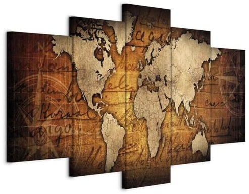 B&D XXL - Leinwandbild Weltkarte Welt Landkarte, 200x100 cm, 5-teilig | Hochwertige Leinwand, sofort aufhängbar, ideal fürs Wohn- oder Schlafzimmer, wasserfest und lichtecht, langlebig, stilvoll