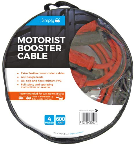 Simply SM600 Zip-bag Motorist Jump Leads Booster Cable 600AMP 4m Long Anti-tangle leads Oil acid and heat resistant PVC Fully Insulated Metal Clips and Operating Instructions