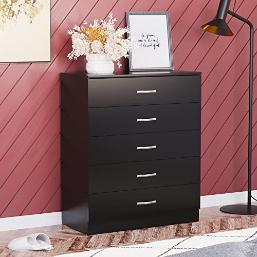 Vida Designs Cómoda Negra con 5 cajones con Asas de Metal y guías antiarqueamiento, Madera de ingeniería, Black