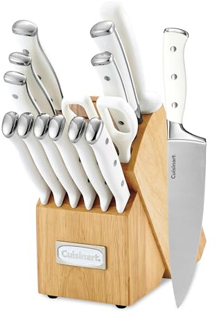 Cuisinart 15-Piece Knife Set with Block, High Carbon Stainless Steel, Forged Triple Rivet, White, C77WTR-15P