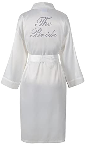 CrystalsRus Elfenbein Varsany Hochzeitstag Strass Satin Die Braut Bademantel individueller Flitterwochen Morgenmantel