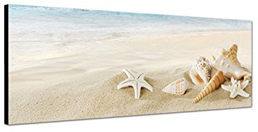 Wandbild auf Leinwand ( Leinwandbild ) als Panorama in 120x40 cm Strand ( weißer Sandstrand )am Meer mit Muscheln und Seesternen und Schnecken! Qualität von bestforhome!