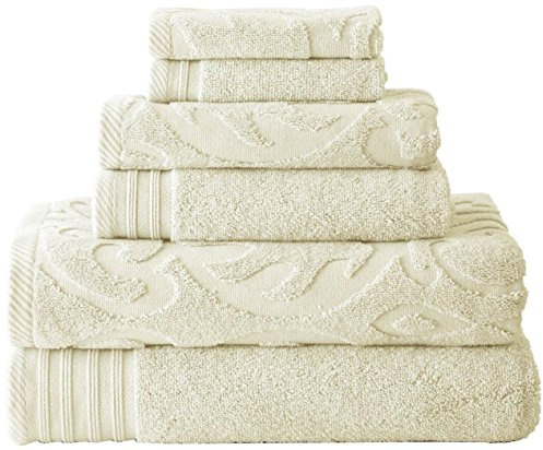 Amrapur Modern Threads 6-teilig, 2 Badetücher, 2 Handtücher, 2 Waschlappen, Medaillon Jacquard/Solid Ultra Soft 550GSM 100% gekämmte Baumwolle Handtuch-Set Elfenbein