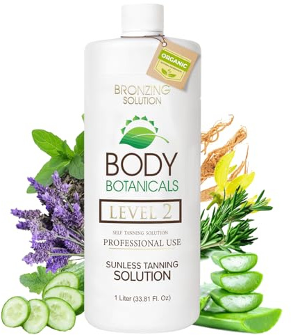 Body Botanicals, Professional Sunless Tanning Spray Tan Solution, Organic Essential Oils, Airbrush Formula, 33.8 Fl Oz. (Level 2 (10% DHA))