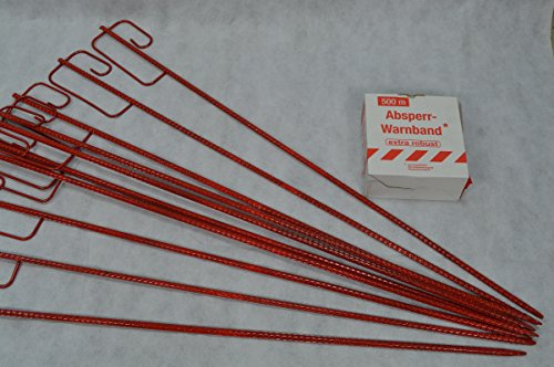 Set 10 Einschlagpfosten 130 cm und 500 Meter Warnband Für Ketten Warnband Warnzaun Absperrung Absperren