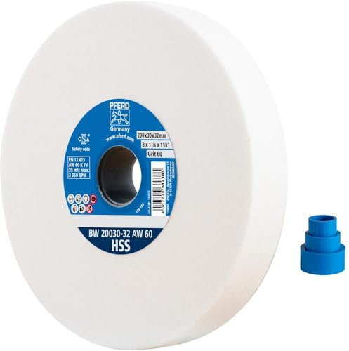 PFERD Schleifbockscheibe HSS, 200x30x32mm, A60, 39008457 – Mittelharte Schleifscheibe zum Schärfen von HSS-Bohrern, mit Reduzierhülsen (25/20/16mm)