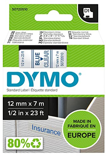 DYMO Original D1-Etikettenband | blau auf transparent | 12 mm x 7 m | selbstklebendes Schriftband | für LabelManager-Beschriftungsgerät