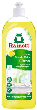 RAINETT - Liquide Vaisselle Mains - Formule Concentrée Super-Dégraissante - Préserve les Peaux Sensibles - Flacons Recyclés & Recyclables - Ecolabel - Crème Citron - Pack 10x750 ml