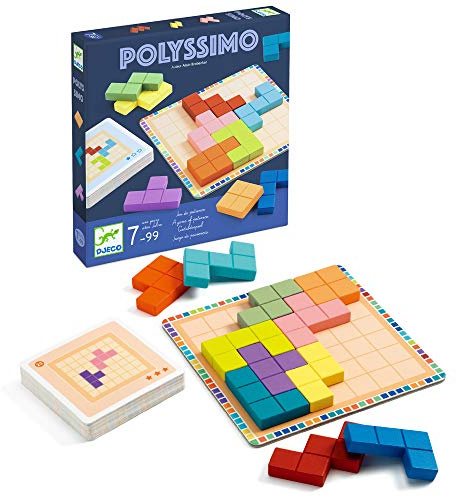 DJECO Polyssimo Jeu de Logique et Patience et Réflexion dès 7 Ans - Renforce la Pensée Stratégique - Défis Multiniveaux: 30 Cartes, 11 Pièces en Bois, 3 Niveaux - Seul ou par Equipe - en Famille