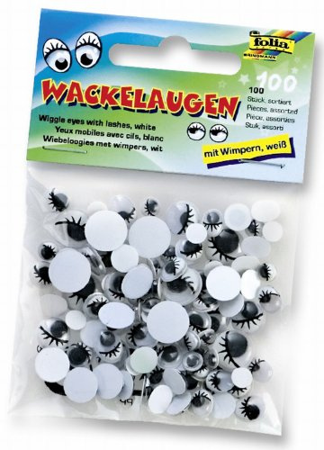 folia 7511 - Wackelaugen mit Wimpern und beweglicher Pupille, 100 Stück, weiß, sortiert - ideal zum Gestalten von Tieren und anderen Figuren
