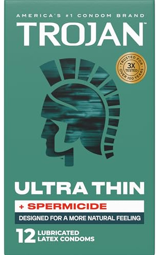 Trojan Ultra Thin Plus Spermicide Latex Lubricated Condoms for Men, Thin Condoms for a More Natural Feeling, Helps Reduce Risk of Pregnancy and Sexually Transmitted Infections (STIs), 12 Count