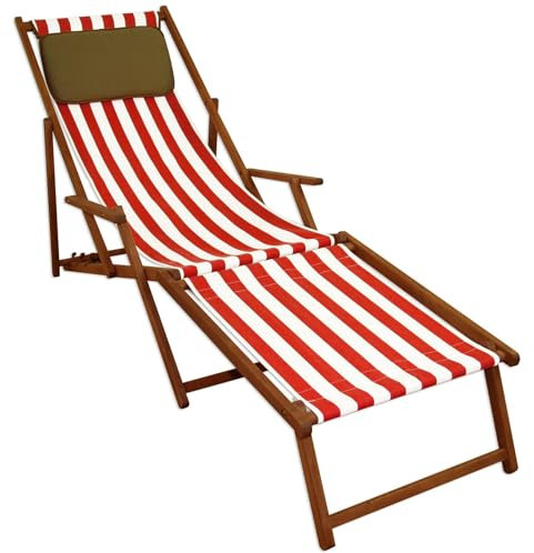 Lungo Sdraio Righe Bianco-Rosso in Faggio con braccioli poggiapiedi Cuscino Scuro 10-314FKD
