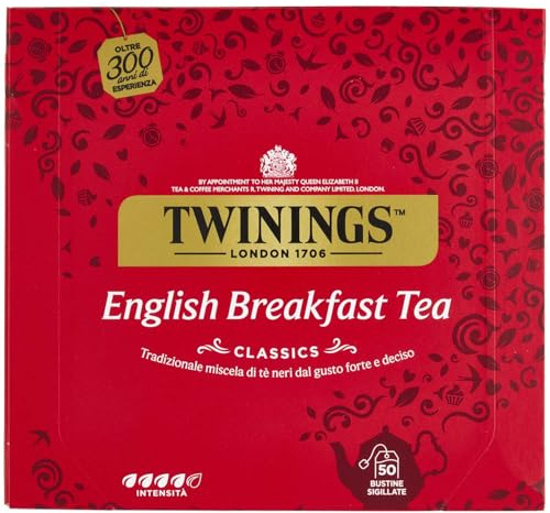Twinings, English Breakfast Tea, Classics, tradicional mezcla de té negro para disfrutar calientes o fríos, sabor corporal, fuerte y decidido, 1 paquete de 50 filtros