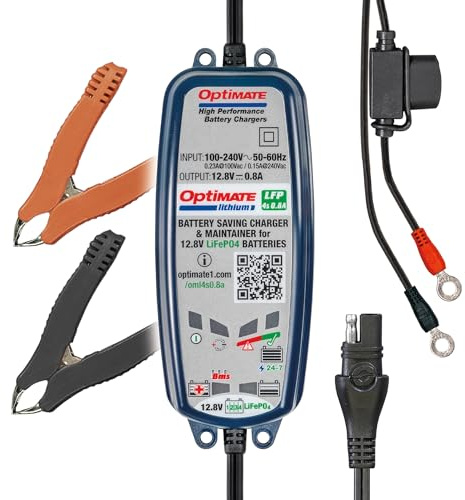 TecMate TM-471 Optimate Lithium Chargeur Testeur Mainteneur Économiseur de Batterie, 0.8A, 12.8V/13.2V, 20.32cm x 15.24cm x 7.62cm