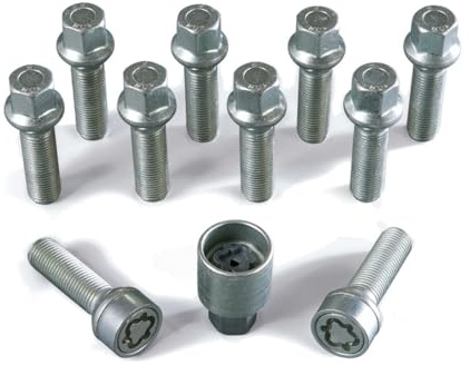 H&R Radschrauben Satz Kugelbund R13 M14x1.50 - Länge 47mm - 10 Stück z.B. kompatibel mit Audi, Seat, Skoda, VW - inkl. Felgenschloss