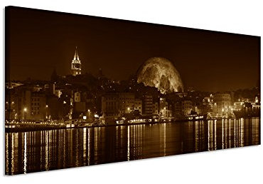 Sinus Art 150x50cm Wandbild Panorama Fotoleinwand Bild in Sepia Istanbul Galata- Brücke Nacht