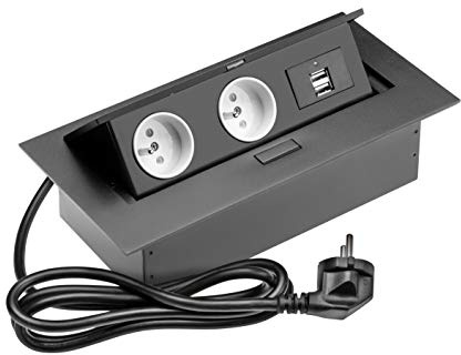 Multiprise de bureau, 2 x français, 2 x USB, câble d'alimentation, noir