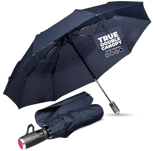 LifeTek Traveler 45 FX2 Windproof Travel Umbrella, Automatic Open Close, Compact for Rain and Sun, Fits in Purse or Backpack, Strong Heavy Duty Frame, Durable, UV Protection, Small and Portable Blue