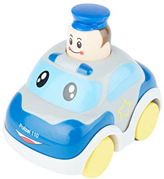 Bieco Drück & Los Flitzer Feuerwehr oder Polizeiauto, Spielzeug-Autos mit Aufzieh Mechanismus durch Kopf herunterdrücken, Rückzug Spielzeugautos ab 12 Monaten für Baby und Kinder