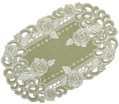Rosen Tischläufer/Tischdecke Leinen-Optik Grün-Beige mit Blumen Stickerei - Größe wählbar (ca. 30 x 45 cm Oval)