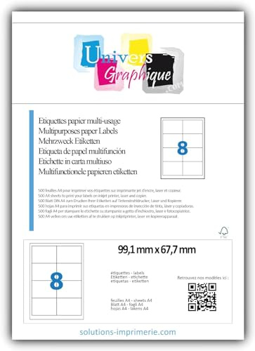 160 étiquettes étiquettes pour adresse blanches adhésives 99.1 x 67.7 mm etiquettes 99,1 x 67,7 mm = 20 feuilles de 8 étiquettes autocollantes pour imprimante jet d'encre et laser UGE08- l7165